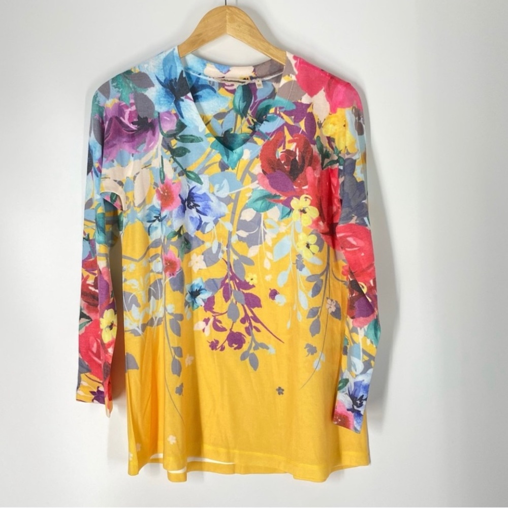 Soft Surroundings Yellow Floral V_ Neck Sweater Size M